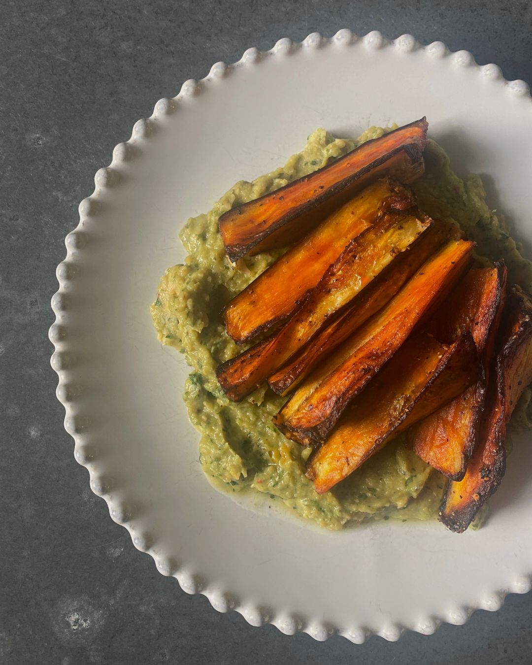 Harissa roasted aubergine with creamy coriander chickpeas