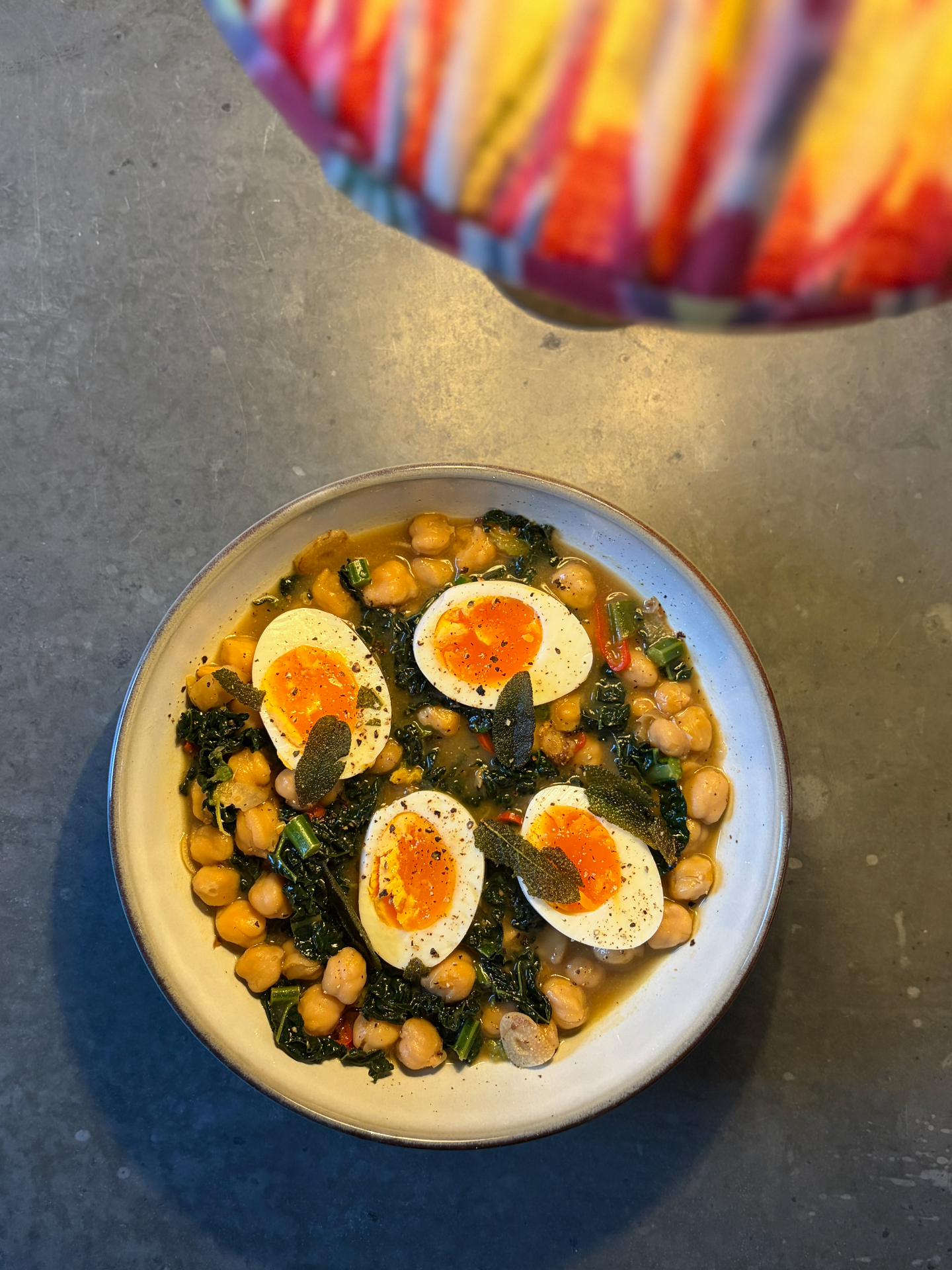 Miso chickpeas with jammy eggs & crispy sage
