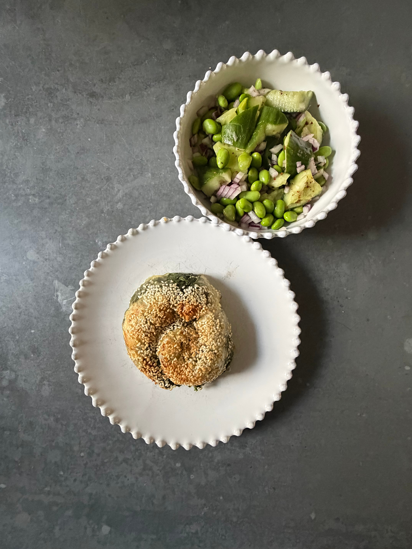 Spanakopita with smashed cucumber and edamame salad
