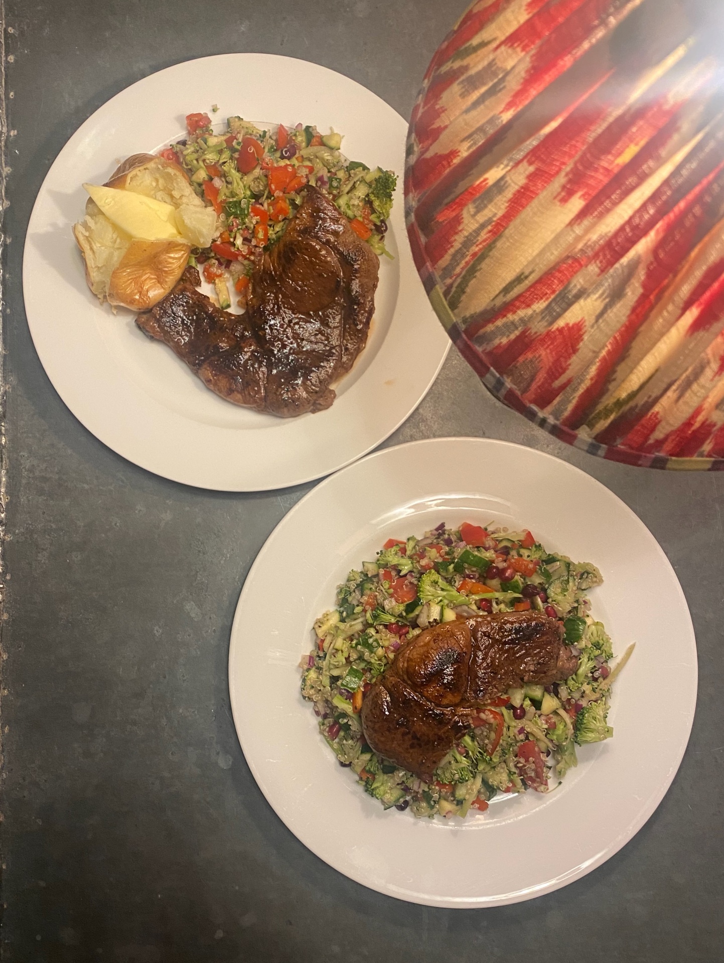 Pomegranate lamb with quinoa & grated broccoli salad
