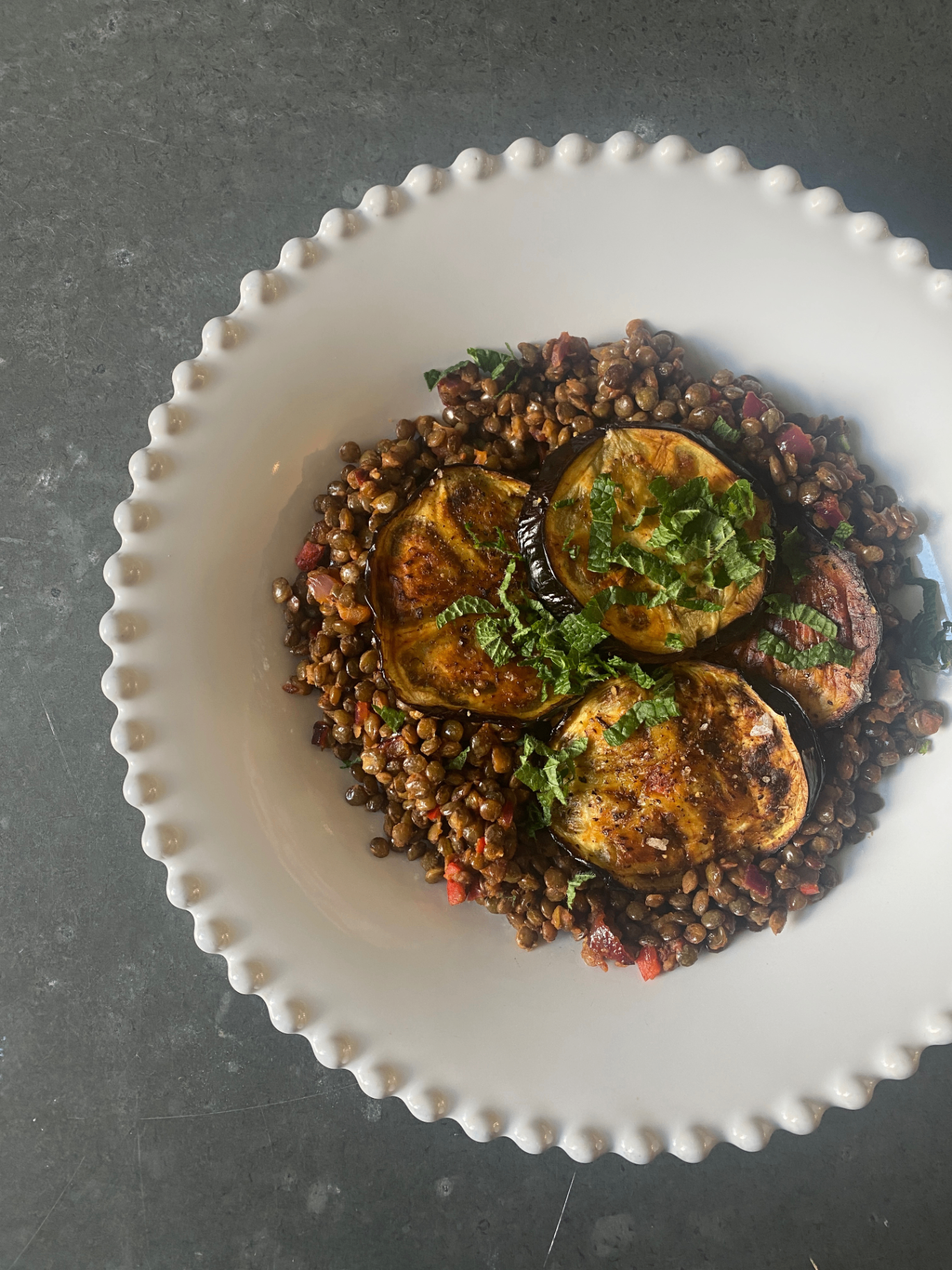 Spiced lentils with roasted aubergine