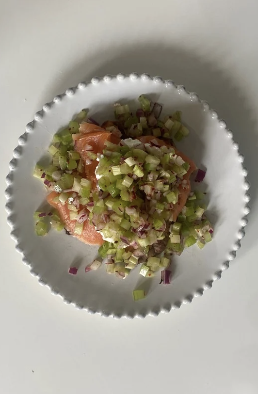 Sweet potato, smoked salmon, salad stack