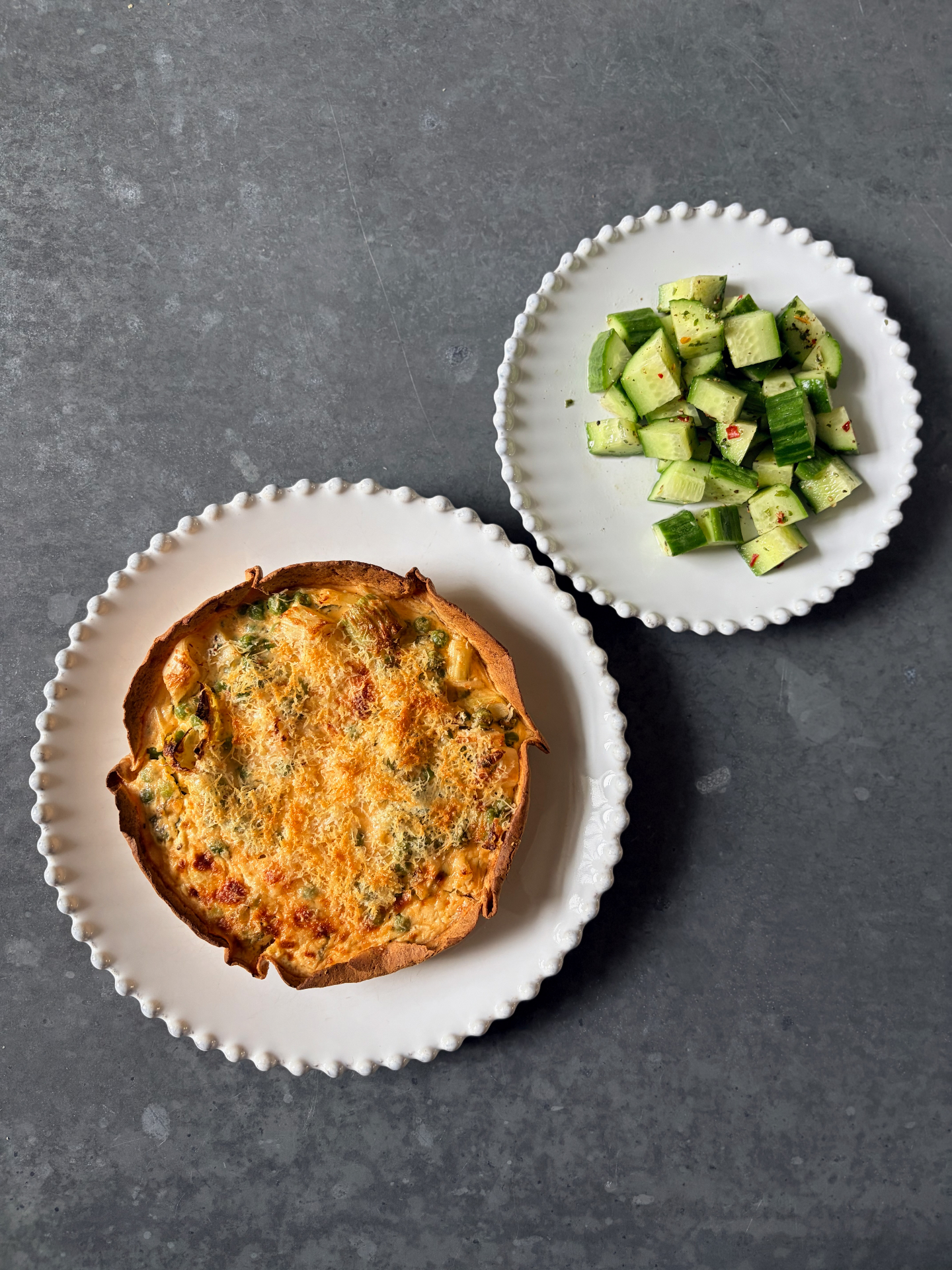 Whipped feta, pea & leek tart